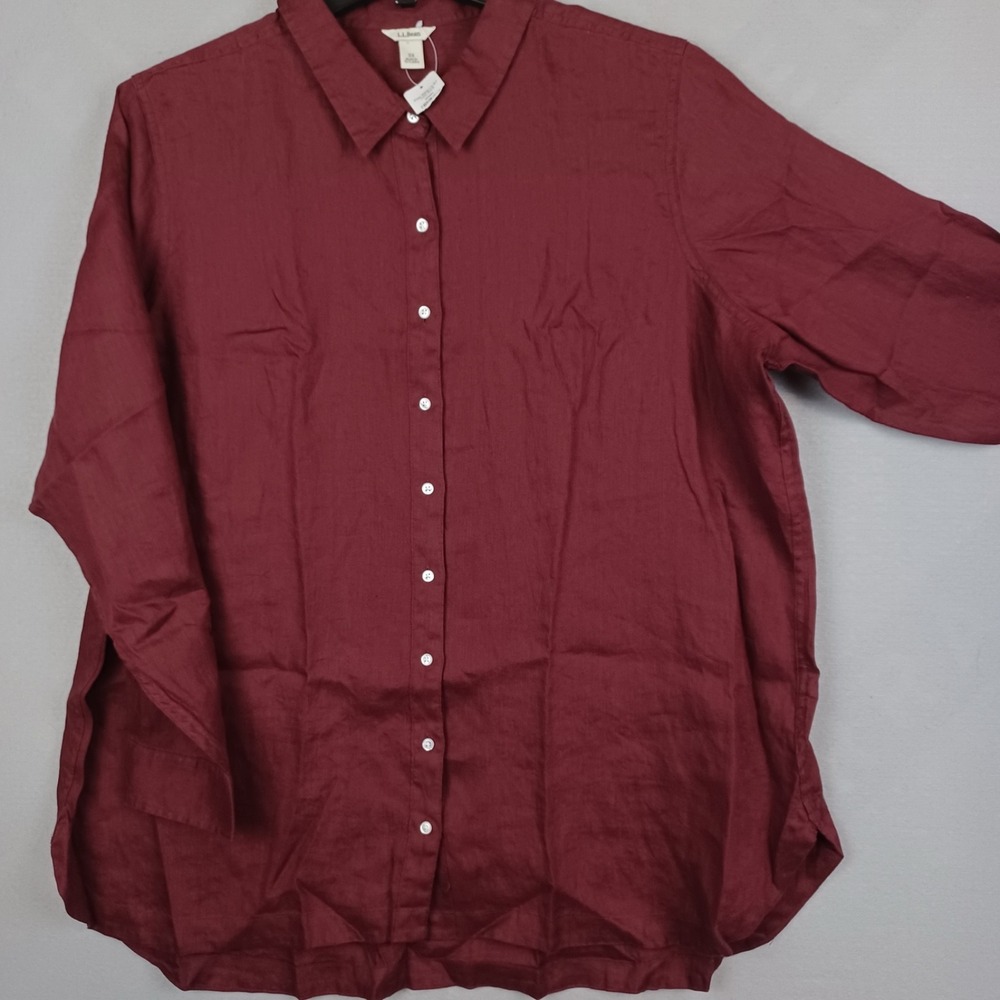 L L Bean Womens 3X Linen Button Down Shirt Burgundy Wine Long Sleeve NWT
